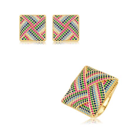 Conjunto luxo de brinco e anel cravejado de zircônia colorida banho em ouro 18k