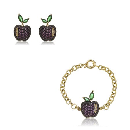Conjunto de brinco e pulseira cravejada de zirconia banho em ouro 18k