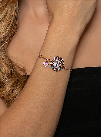 Pulseira de flor cravejada de zircônia colorida banho em ouro 18k