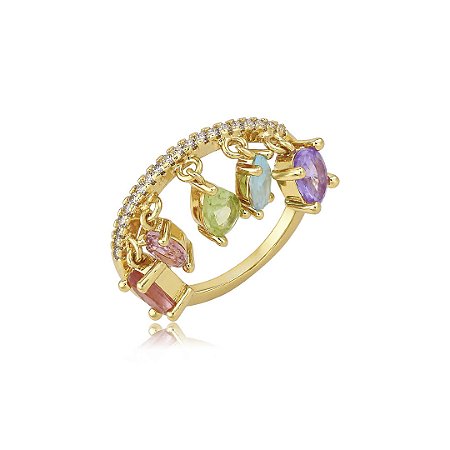 Anel cravejado de zircônia colorida banho em ouro 18k
