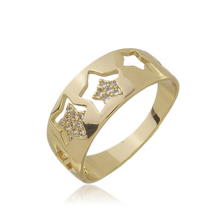 Anel dourado de estrela cravejado de zircônia cristal banho em ouro 18k