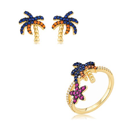 Conjunto de brinco e anel cravejado de zircônia colorida banho em ouro 18k
