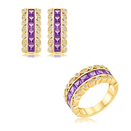 Conjunto de Brinco e Anel cravejado com zircônia Ametista Banho em Ouro 18K