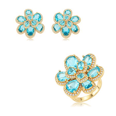 Conjunto de Brinco e Anel Flor com zircônia Topázio Banho em Ouro 18K