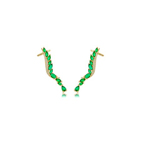 Brinco ear cuff cravejado de zircônia esmeralda banho em ouro 18k
