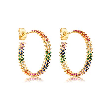 Brinco de argola cravejado de zircônia colorida em banho de ouro 18k