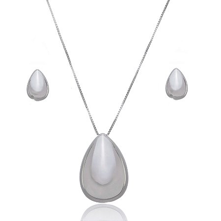 Conjunto de Brinco e Colar Liso em Ródio Branco
