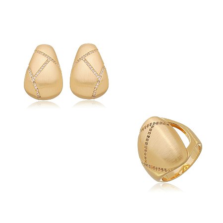 Conjunto de Brinco e Anel Acetinado Banho Ouro 18K