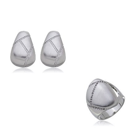 Conjunto brinco e anel acetinado banho em rodio branco