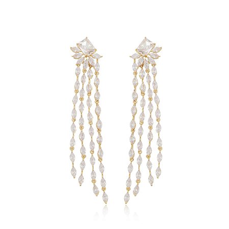 Brinco com franja cravejado com zirconia banho em ouro 18K