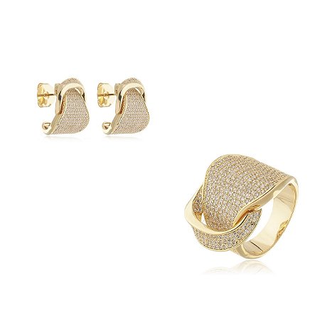 Conjunto de brinco e anel cravejado com zirconia banho em ouro 18K