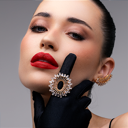 Conjunto de brinco e anel com zirconia banho em ouro 18K