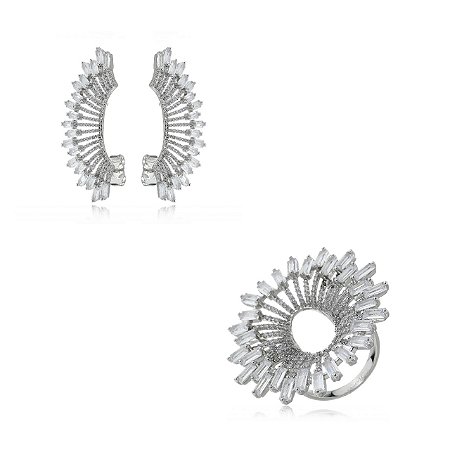 Conjunto Brinco e Anel Cravejado com Zirconia banho em ródio branco