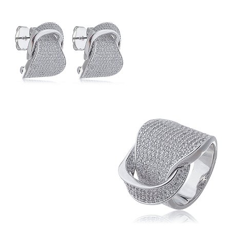 Conjunto de brinco e anel cravejado com zirconia banho em rodio branco