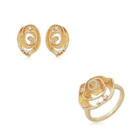 Conjunto de brinco e anel com detalhe de zirconia banho em ouro 18K