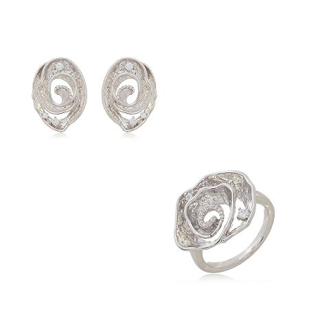 Conjunto de brinco e anel com detalhe de zirconia banho em ródio branco