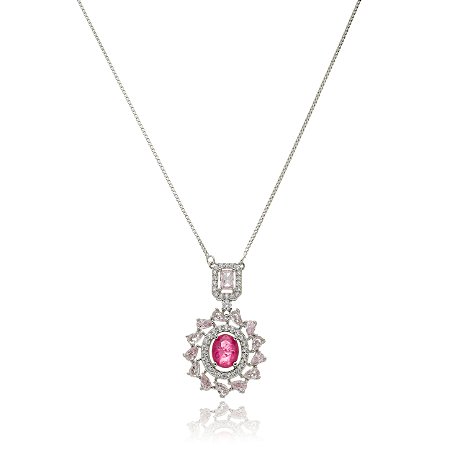 Colar com pingente cravejado zirconia pink banho em ródio branco