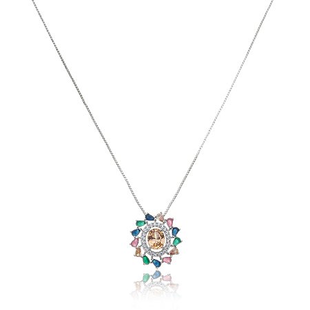 Colar com pingente cravejado de zirconia rainbow banho em rodio branco
