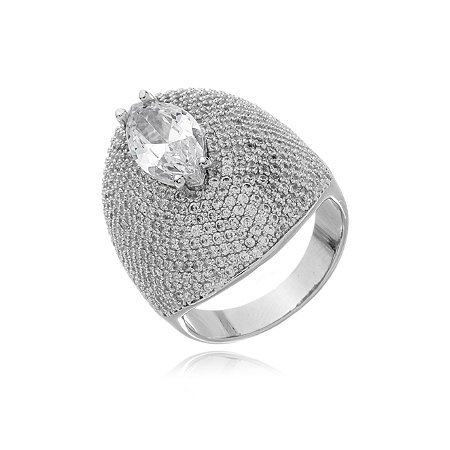 Anel cravejado de zirconia cristal banho em ródio branco