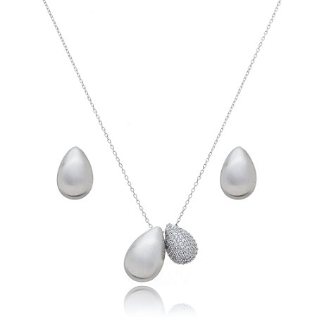 Conjunto brinco e colar acetinado pingente cravejado banho em Ródio Branco