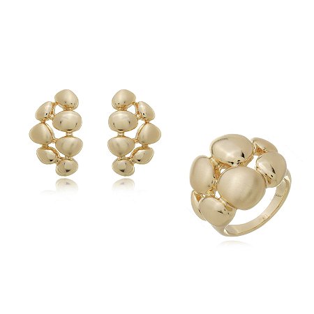 Conjunto de brinco e anel liso acetinado banho em ouro 18K