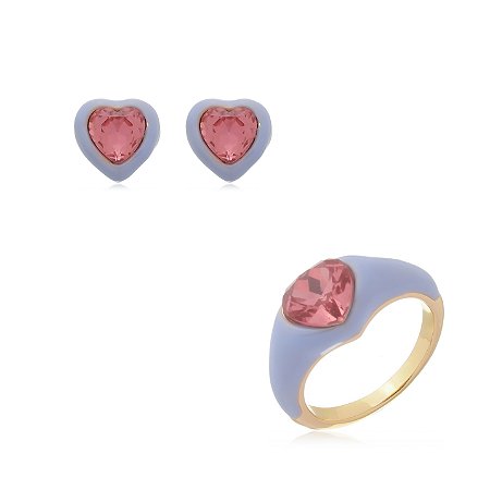 Conjunto de brinco e anel esmaltado com zirconia banho em Ouro 18K