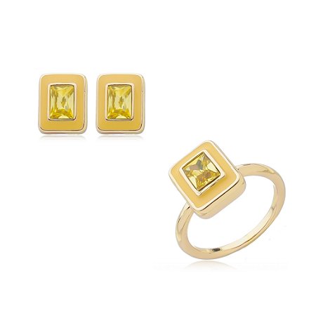 Conjunto de brinco e anel esmaltado com zirconia banho em Ouro 18K