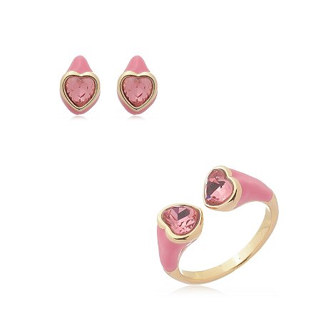 Conjunto de brinco e anel esmaltado com zirconia banho em Ouro 18K