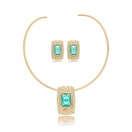 Conjunto de brinco e aro com zirconia banho em ouro 18K