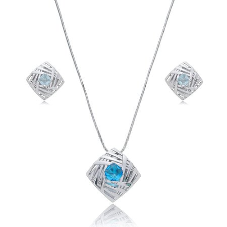 Conjunto de brinco e colar cravejado de zirconia turquesa banho em rodio branco