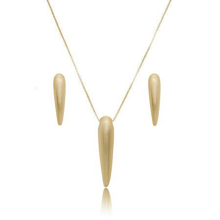 Conjunto de brinco e colar liso acetinado banho em Ouro 18K