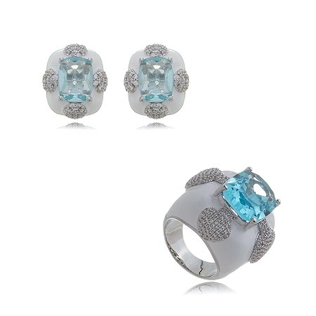 Conjunto de brinco e anel esmaltado com zirconia banho em Ródio Branco