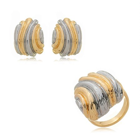 Conjunto de brinco e anel dourado com banho duplo