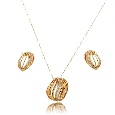 Conjunto de brinco e colar com zirconia banho em ouro 18k