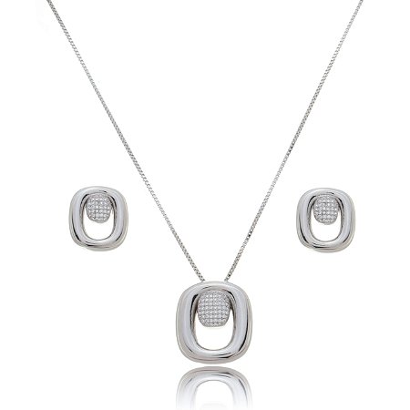 Conjunto de brinco e colar de zirconia banho em rodio branco