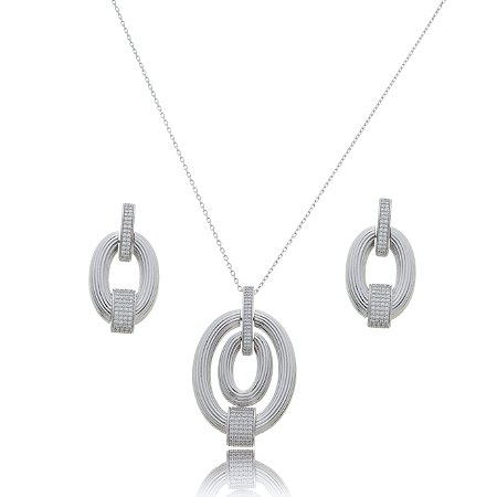 Conjunto de brinco e colar de zirconia banho em rodio branco