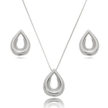 Conjunto de brinco e colar de zirconia banho em rodio branco