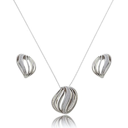 Conjunto de brinco e colar de zirconia banho em rodio branco