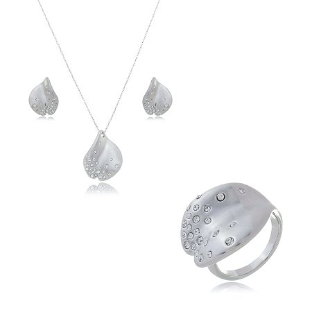 Conjunto de brinco colar e anel acetinado banho em rodio branco