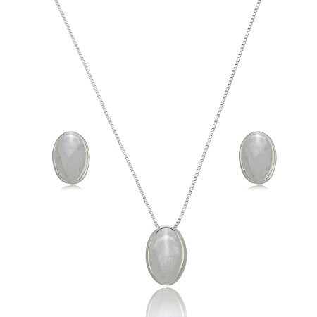 Conjunto de brinco e colar liso banho em rodio branco