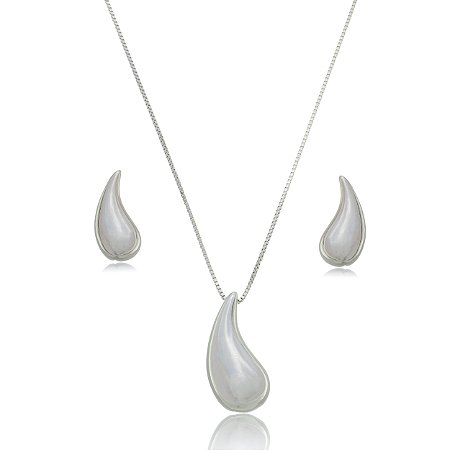 Conjunto de brinco e colar de gota banho em rodio branco