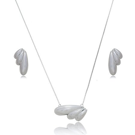 Conjunto de brinco e colar liso banho em rodio branco