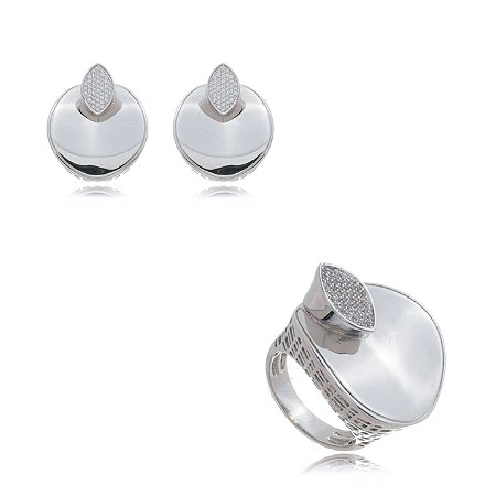 Conjunto de brinco e anel com zirconia banho em rodio branco