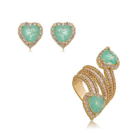 Conjunto de brinco e anel de coração cravejado de zircônia e pedra fusion turmalina banho em ouro 18k