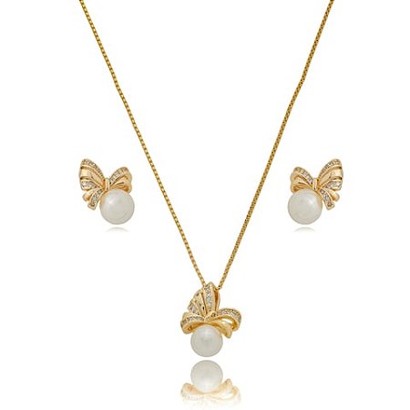 Conjunto de brinco e colar de perola com zirconia cristal banho em ouro 18k