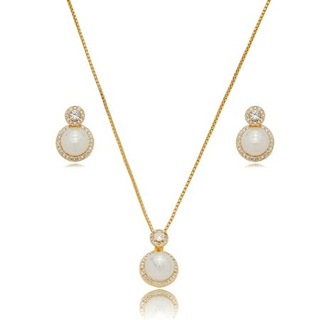 Conjunto de brinco e colar de perola com zirconia cristal banho em ouro 18k