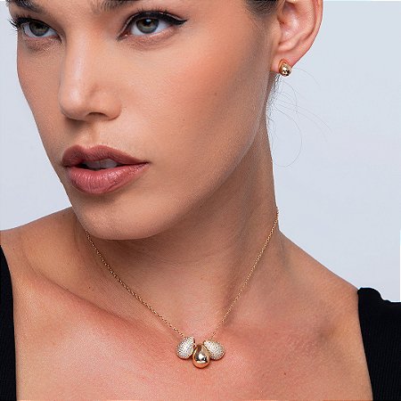 Conjunto de brinco e colar com zirconia cristal banho em ouro 18k