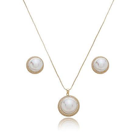 Conjunto de brinco e colar de perola com zirconia cristal banho em ouro 18k