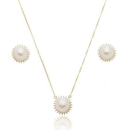 Conjunto de brinco e colar de perola com zirconia cristal banho em ouro 18k