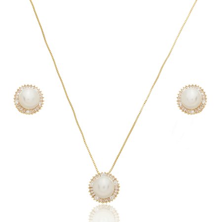 Conjunto de brinco e colar de perola com zirconia cristal banho em ouro 18k
